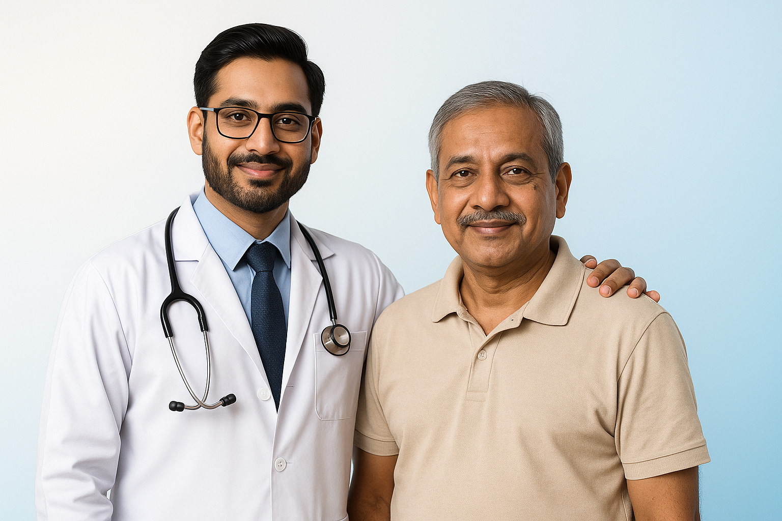 create a banner in which a doctor and patientent standing, use both character as indian origin, the background gredient should be #fdffff and #c0ebff