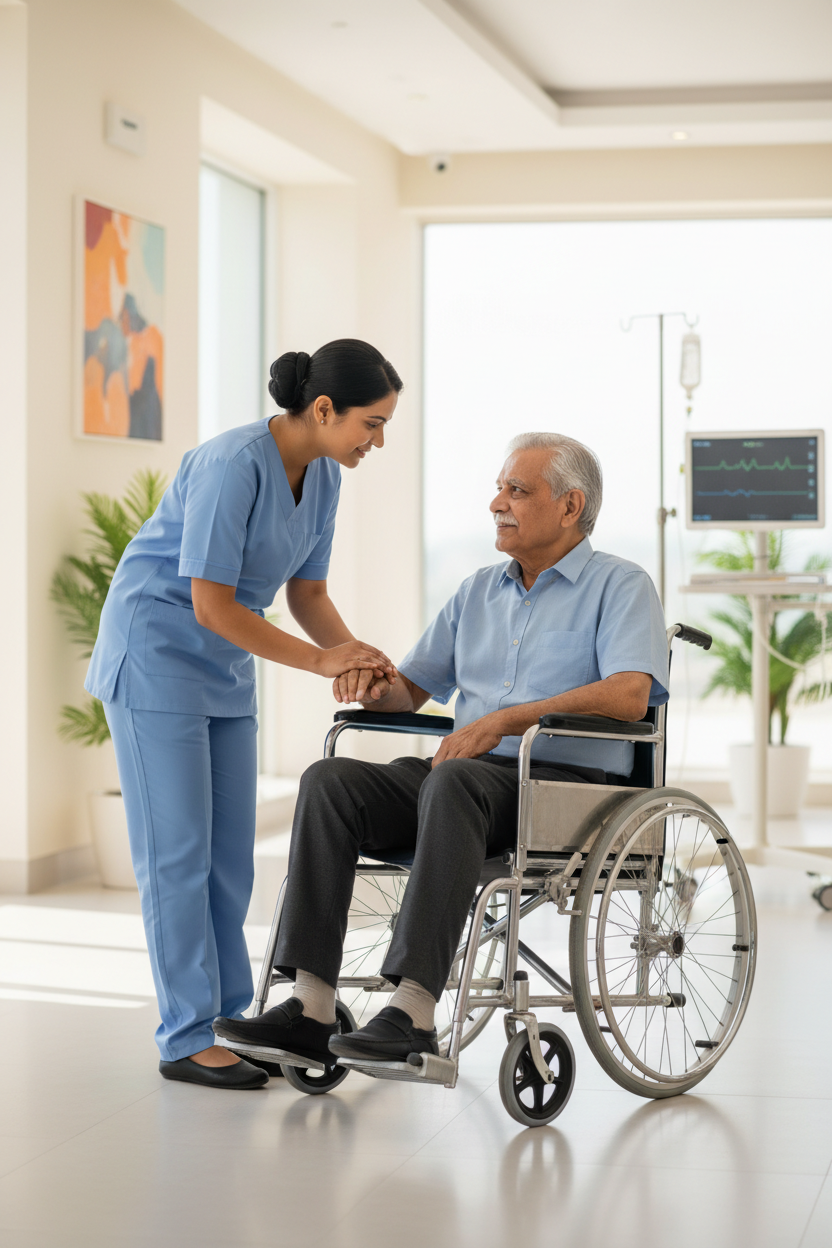 crete a portrait image in which a indian nurse take care of a old aged men, on wheelchair, adn both are inidna origin people., adn the outfit of nurse is skyblue