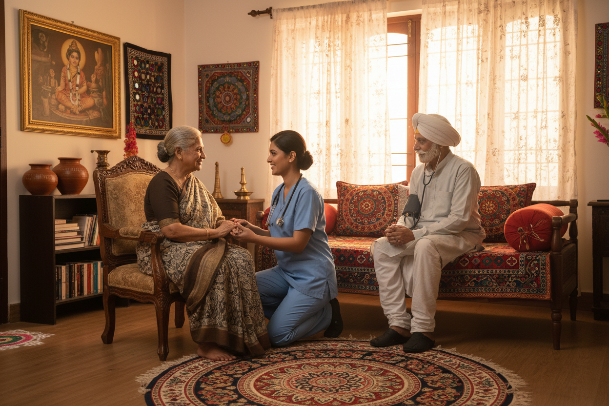 generate a image in which, a indina origin nurese take care of old men adn women, at their home, and both men and women is indian origin and nurse as well and the background of home is also india origin, and the nurse outfit is skyblue color