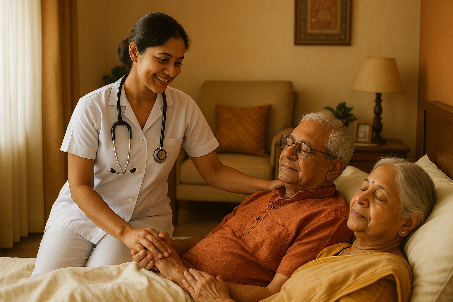 Palliative Care at Home create a image in which a nurse care taking both old men and women at home, use indian origin character
