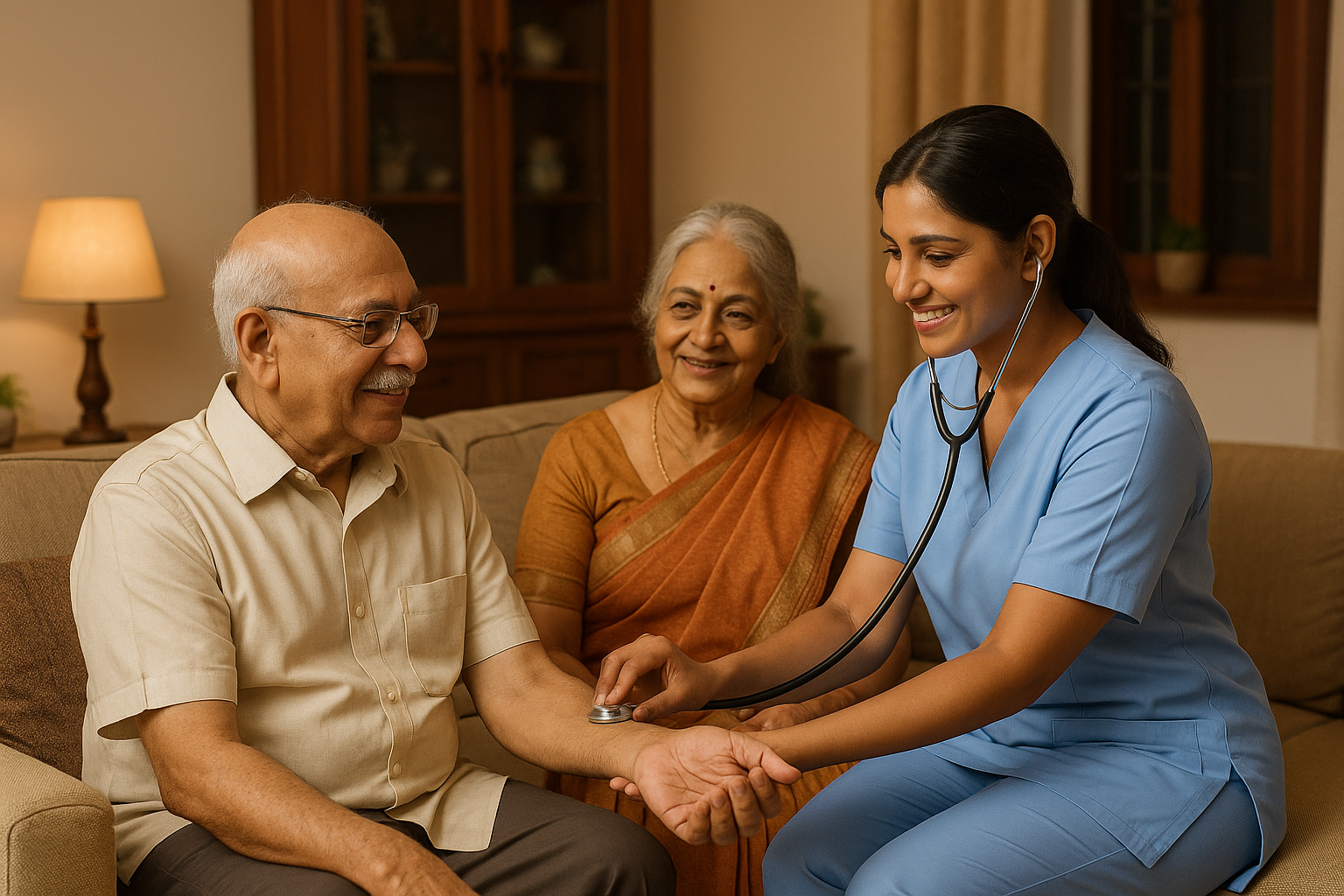 Paramedic Home Care create a image in which a nurse care taking both old men and women at home, use indian origin character