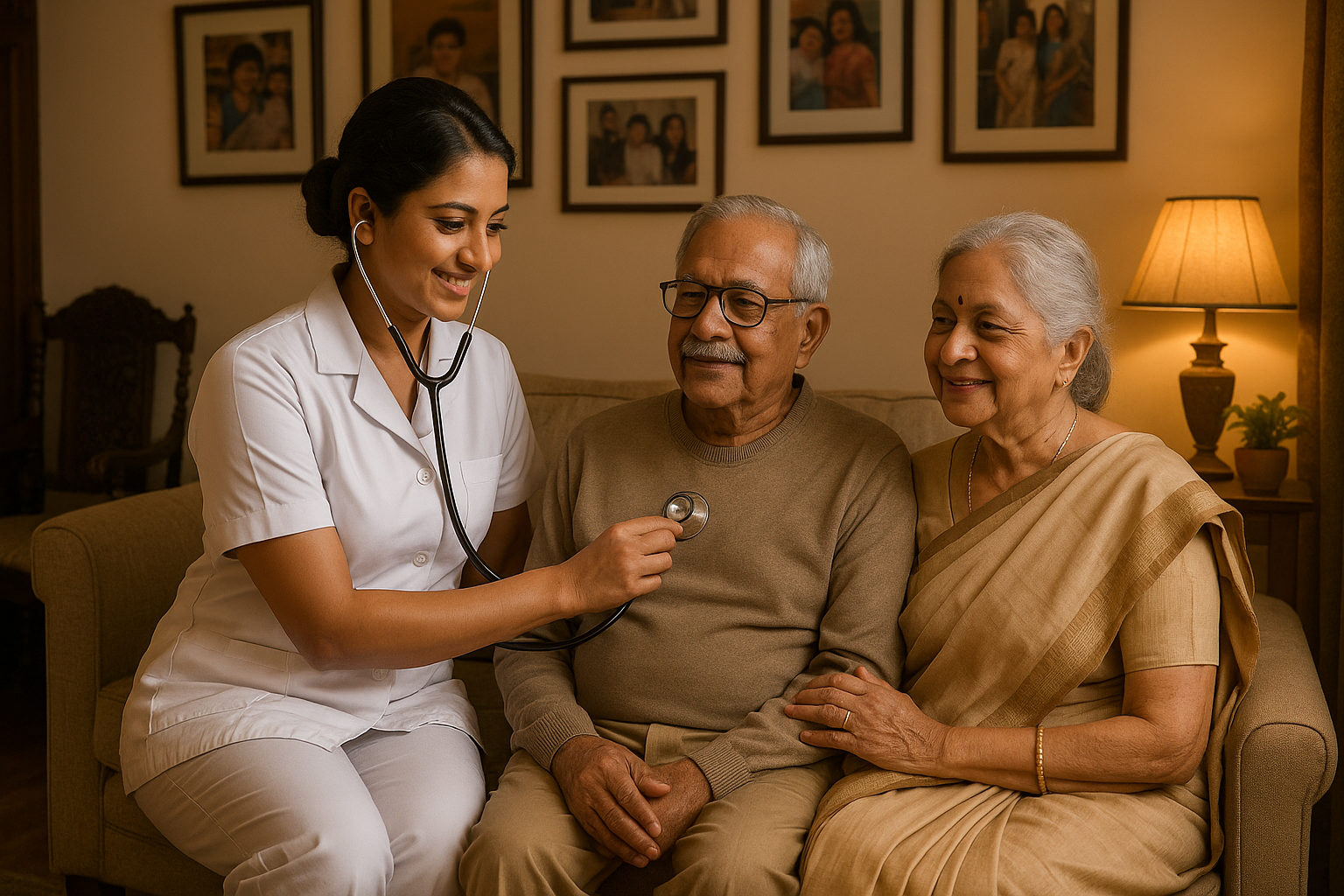 Parental Care Services create a image in which a nurse care taking both old men and women at home, use indian origin character